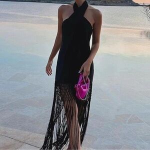 Commense Black Strapless Dress with Fringe Detail